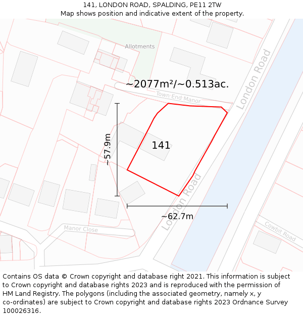 141, LONDON ROAD, SPALDING, PE11 2TW: Plot and title map