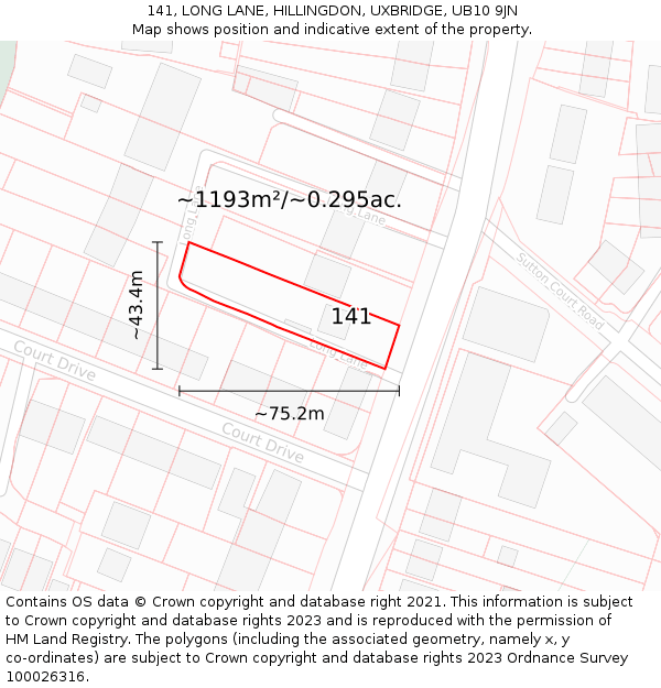 141, LONG LANE, HILLINGDON, UXBRIDGE, UB10 9JN: Plot and title map