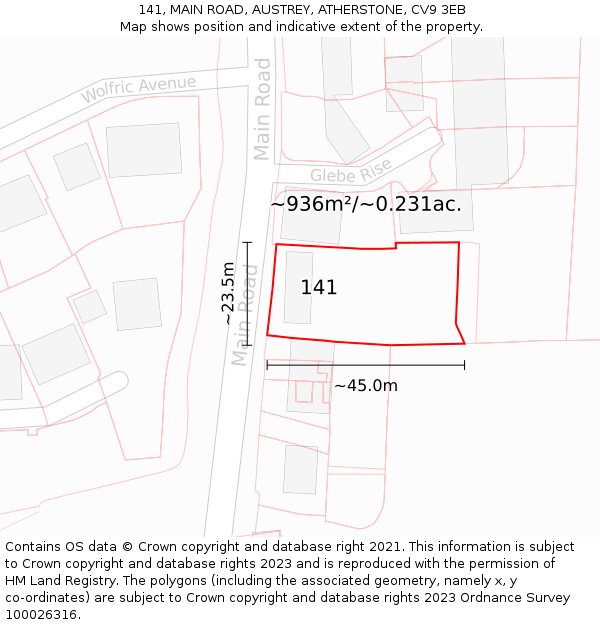141, MAIN ROAD, AUSTREY, ATHERSTONE, CV9 3EB: Plot and title map