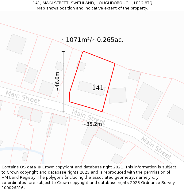 141, MAIN STREET, SWITHLAND, LOUGHBOROUGH, LE12 8TQ: Plot and title map
