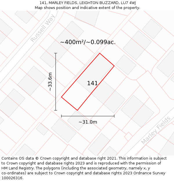 141, MARLEY FIELDS, LEIGHTON BUZZARD, LU7 4WJ: Plot and title map