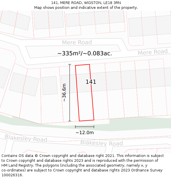 141, MERE ROAD, WIGSTON, LE18 3RN: Plot and title map