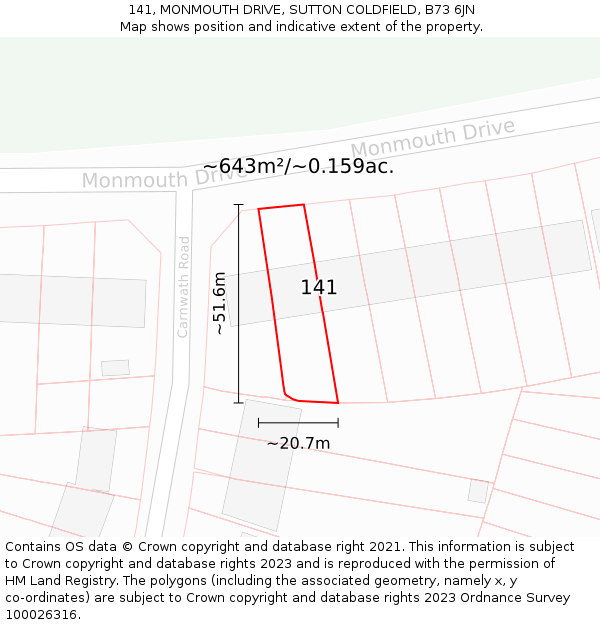 141, MONMOUTH DRIVE, SUTTON COLDFIELD, B73 6JN: Plot and title map