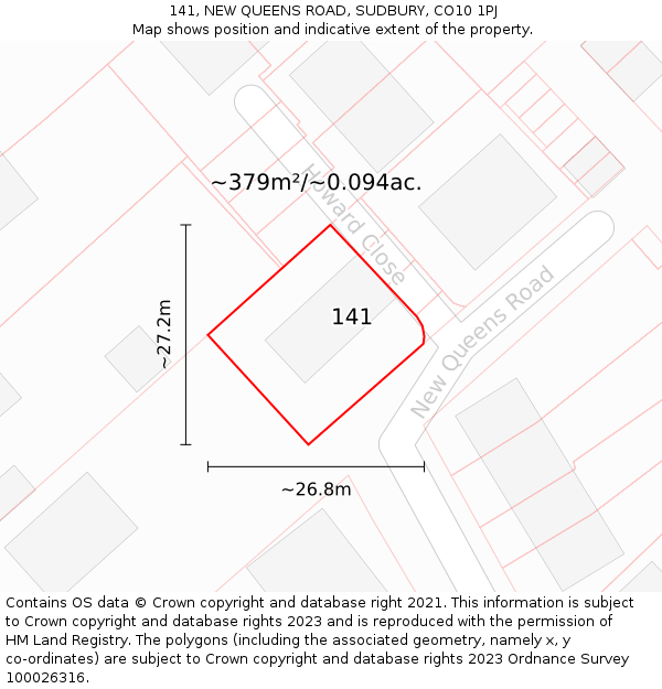 141, NEW QUEENS ROAD, SUDBURY, CO10 1PJ: Plot and title map