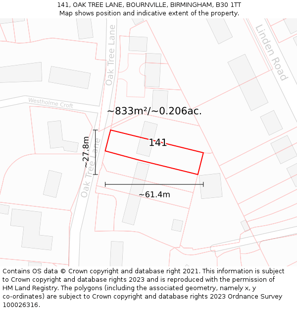 141, OAK TREE LANE, BOURNVILLE, BIRMINGHAM, B30 1TT: Plot and title map
