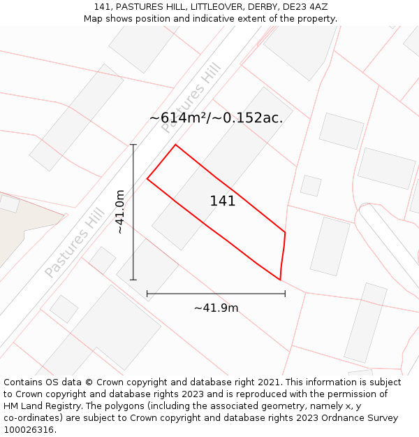 141, PASTURES HILL, LITTLEOVER, DERBY, DE23 4AZ: Plot and title map