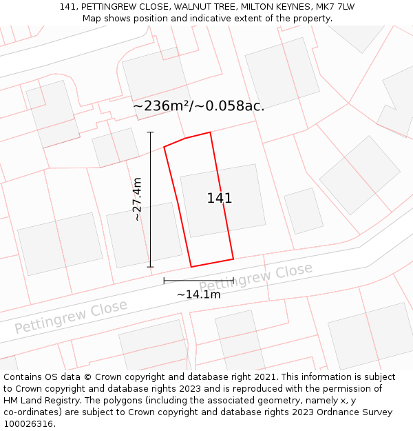141, PETTINGREW CLOSE, WALNUT TREE, MILTON KEYNES, MK7 7LW: Plot and title map