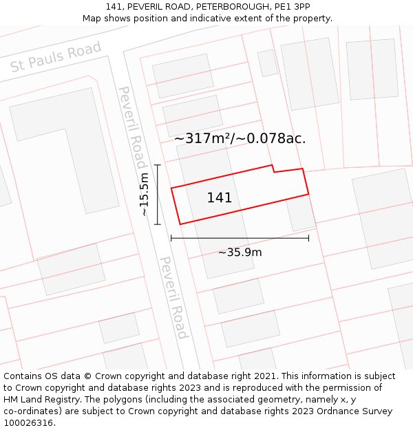 141, PEVERIL ROAD, PETERBOROUGH, PE1 3PP: Plot and title map