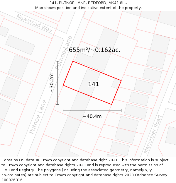 141, PUTNOE LANE, BEDFORD, MK41 8LU: Plot and title map