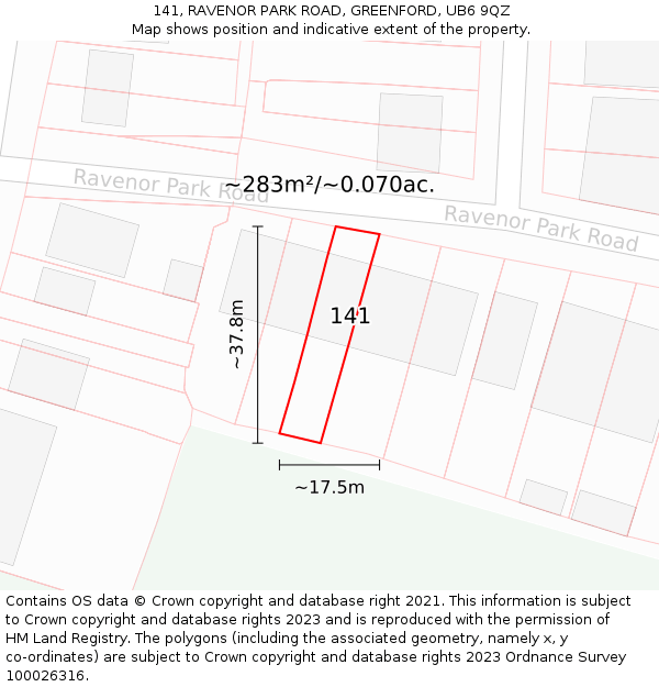 141, RAVENOR PARK ROAD, GREENFORD, UB6 9QZ: Plot and title map