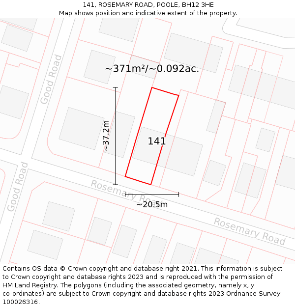 141, ROSEMARY ROAD, POOLE, BH12 3HE: Plot and title map