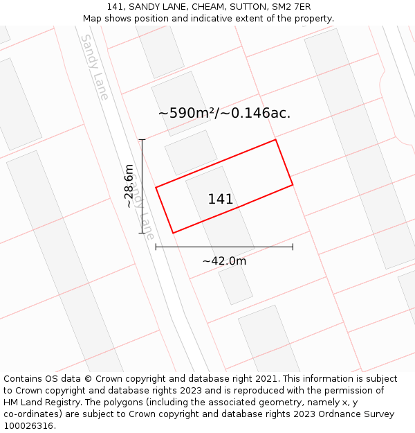 141, SANDY LANE, CHEAM, SUTTON, SM2 7ER: Plot and title map