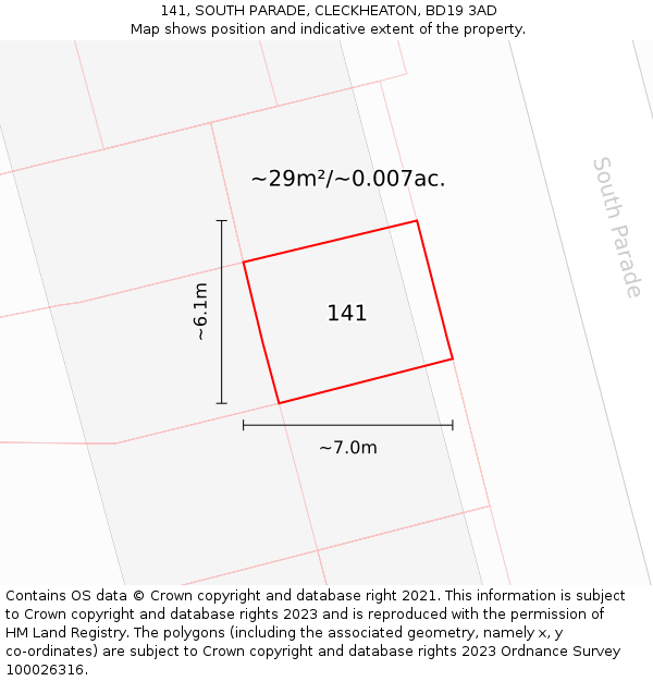 141, SOUTH PARADE, CLECKHEATON, BD19 3AD: Plot and title map