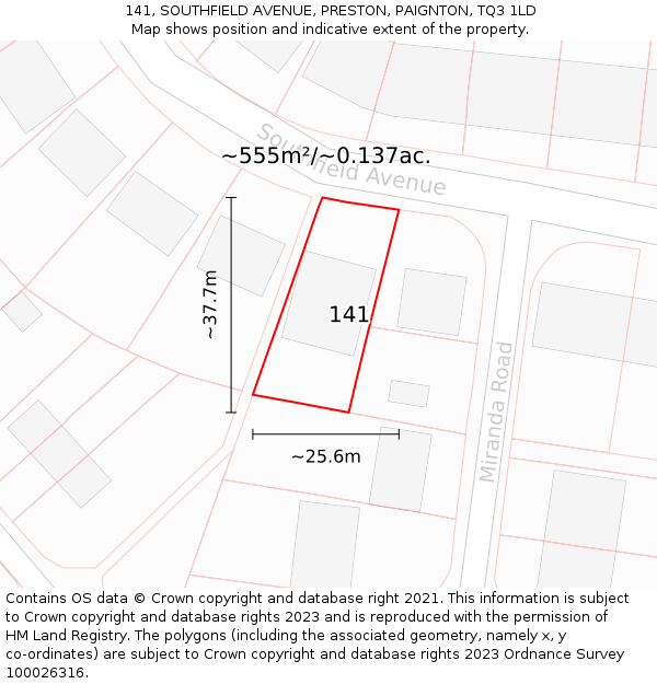 141, SOUTHFIELD AVENUE, PRESTON, PAIGNTON, TQ3 1LD: Plot and title map