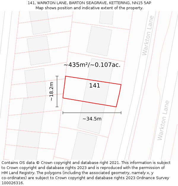 141, WARKTON LANE, BARTON SEAGRAVE, KETTERING, NN15 5AP: Plot and title map