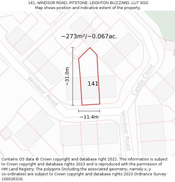 141, WINDSOR ROAD, PITSTONE, LEIGHTON BUZZARD, LU7 9GG: Plot and title map