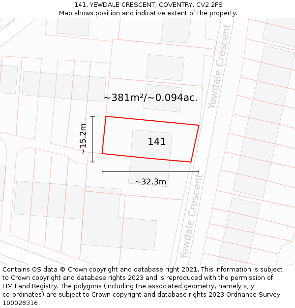 141, YEWDALE CRESCENT, COVENTRY, CV2 2FS: Plot and title map