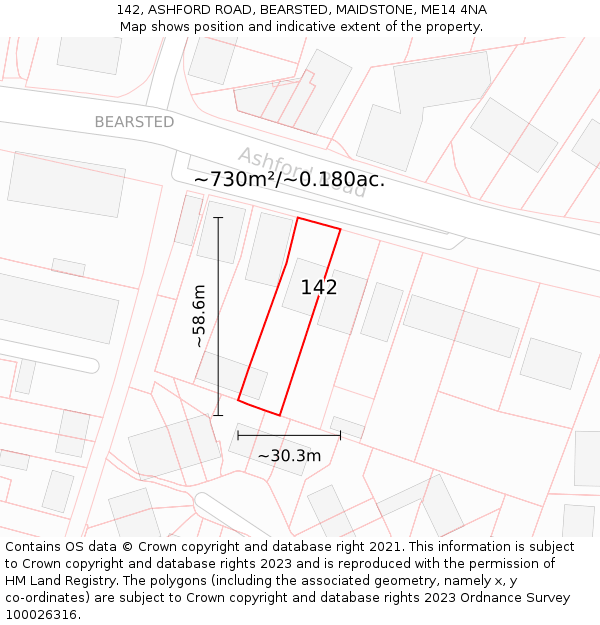 142, ASHFORD ROAD, BEARSTED, MAIDSTONE, ME14 4NA: Plot and title map