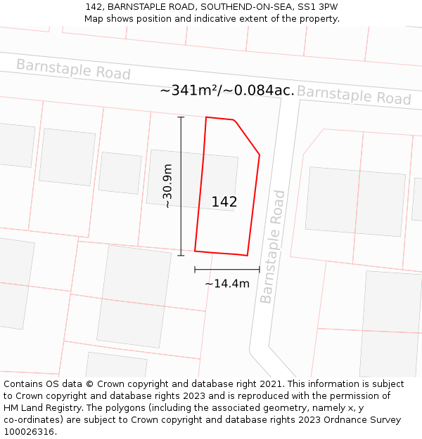 142, BARNSTAPLE ROAD, SOUTHEND-ON-SEA, SS1 3PW: Plot and title map