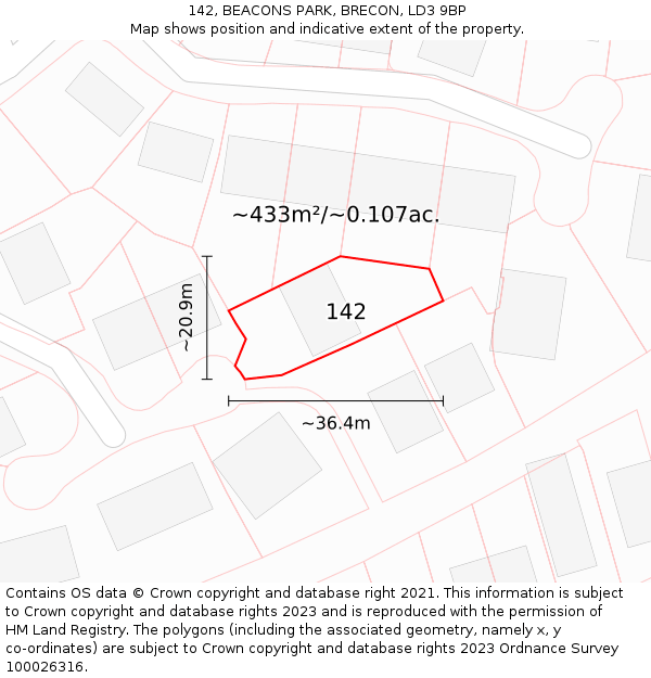 142, BEACONS PARK, BRECON, LD3 9BP: Plot and title map