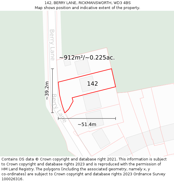 142, BERRY LANE, RICKMANSWORTH, WD3 4BS: Plot and title map
