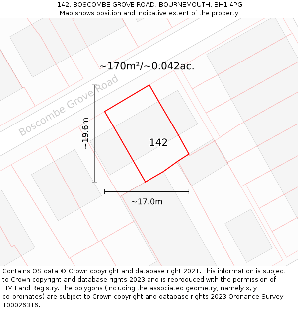 142, BOSCOMBE GROVE ROAD, BOURNEMOUTH, BH1 4PG: Plot and title map