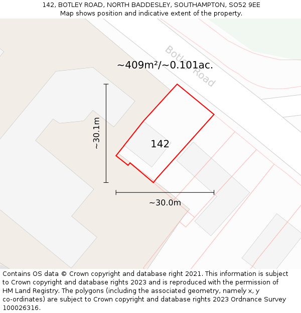 142, BOTLEY ROAD, NORTH BADDESLEY, SOUTHAMPTON, SO52 9EE: Plot and title map