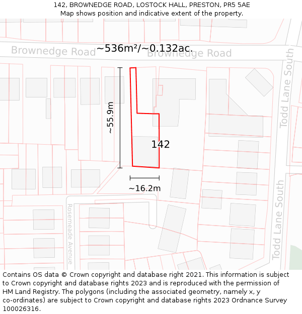 142, BROWNEDGE ROAD, LOSTOCK HALL, PRESTON, PR5 5AE: Plot and title map