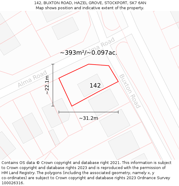 142, BUXTON ROAD, HAZEL GROVE, STOCKPORT, SK7 6AN: Plot and title map