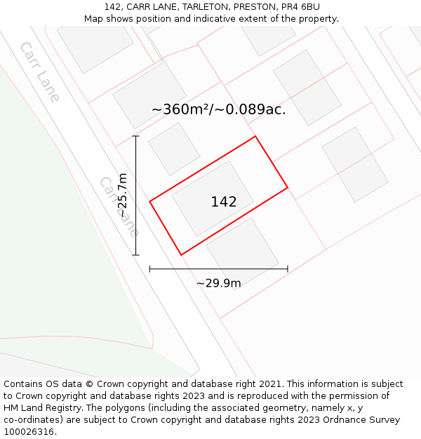 142, CARR LANE, TARLETON, PRESTON, PR4 6BU: Plot and title map