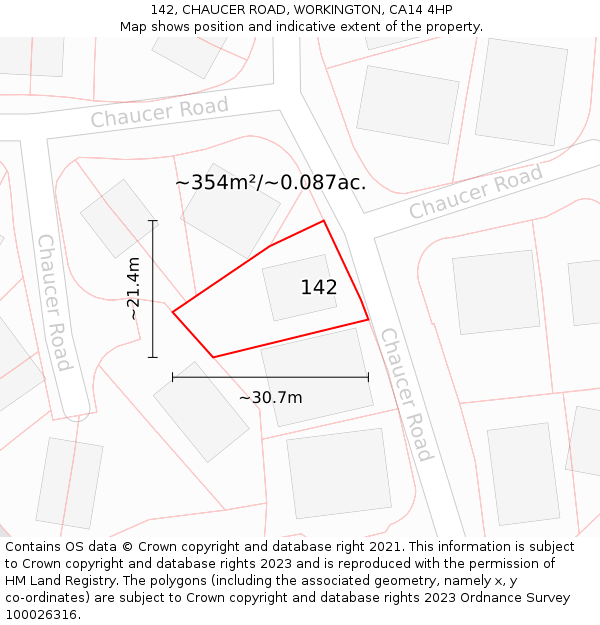 142, CHAUCER ROAD, WORKINGTON, CA14 4HP: Plot and title map