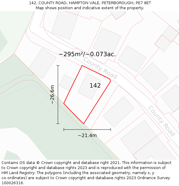 142, COUNTY ROAD, HAMPTON VALE, PETERBOROUGH, PE7 8ET: Plot and title map