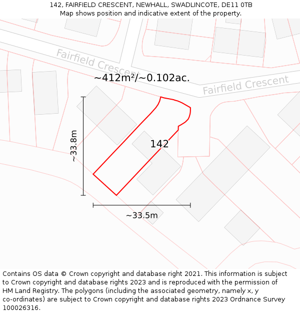 142, FAIRFIELD CRESCENT, NEWHALL, SWADLINCOTE, DE11 0TB: Plot and title map