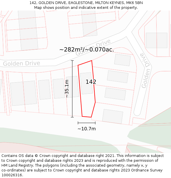 142, GOLDEN DRIVE, EAGLESTONE, MILTON KEYNES, MK6 5BN: Plot and title map