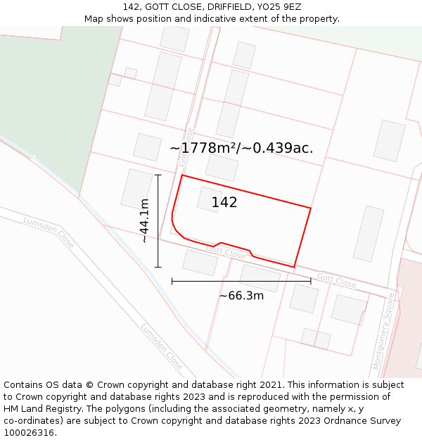 142, GOTT CLOSE, DRIFFIELD, YO25 9EZ: Plot and title map