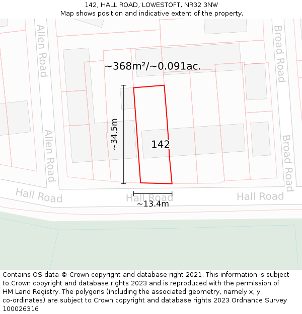 142, HALL ROAD, LOWESTOFT, NR32 3NW: Plot and title map