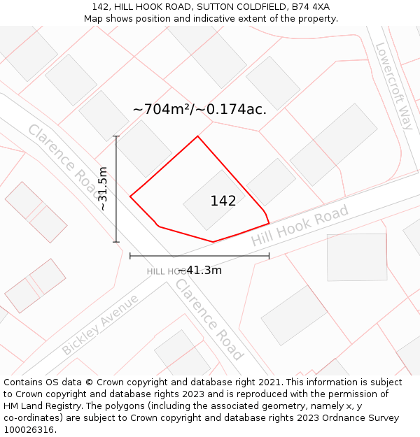 142, HILL HOOK ROAD, SUTTON COLDFIELD, B74 4XA: Plot and title map