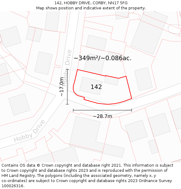 142, HOBBY DRIVE, CORBY, NN17 5FG: Plot and title map