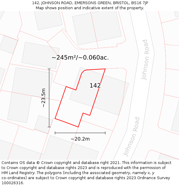 142, JOHNSON ROAD, EMERSONS GREEN, BRISTOL, BS16 7JP: Plot and title map