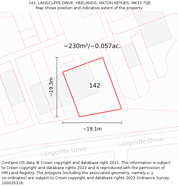 142, LANGCLIFFE DRIVE, HEELANDS, MILTON KEYNES, MK13 7QE: Plot and title map