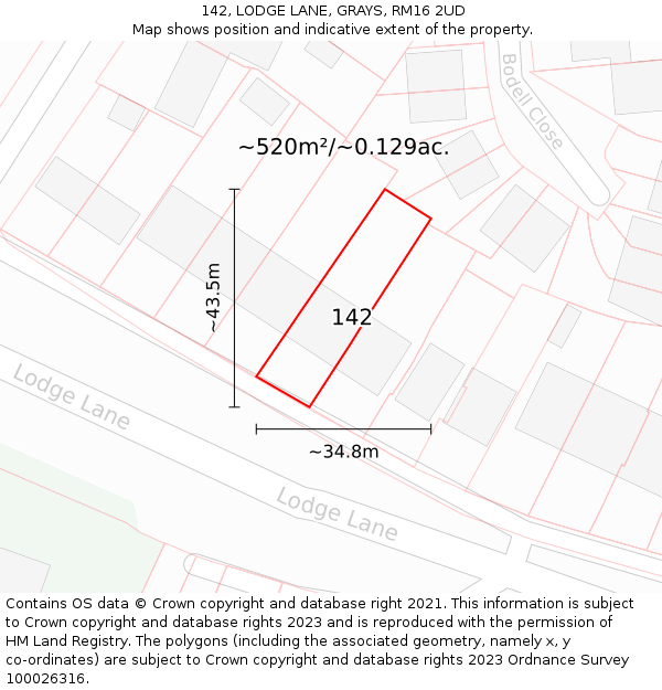 142, LODGE LANE, GRAYS, RM16 2UD: Plot and title map
