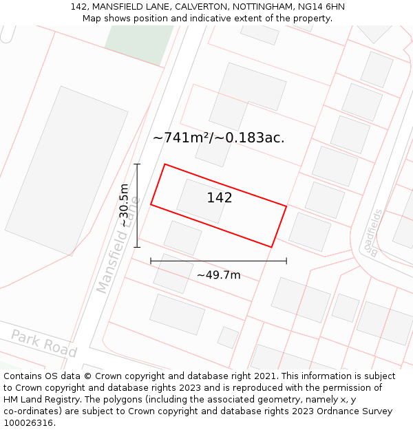 142, MANSFIELD LANE, CALVERTON, NOTTINGHAM, NG14 6HN: Plot and title map