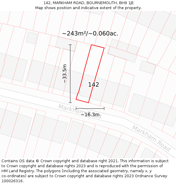 142, MARKHAM ROAD, BOURNEMOUTH, BH9 1JE: Plot and title map