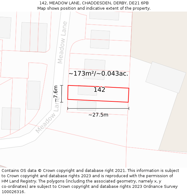 142, MEADOW LANE, CHADDESDEN, DERBY, DE21 6PB: Plot and title map