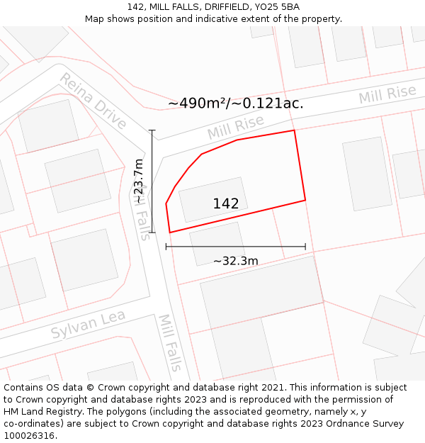 142, MILL FALLS, DRIFFIELD, YO25 5BA: Plot and title map