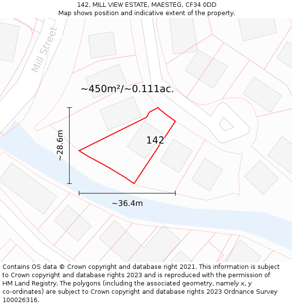 142, MILL VIEW ESTATE, MAESTEG, CF34 0DD: Plot and title map