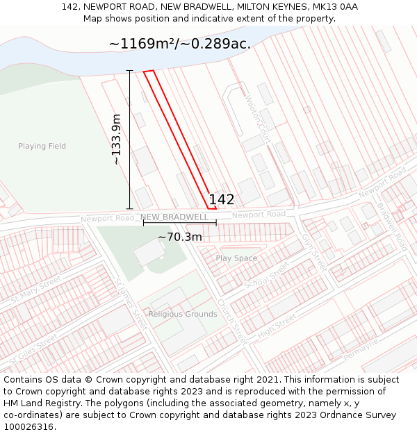 142, NEWPORT ROAD, NEW BRADWELL, MILTON KEYNES, MK13 0AA: Plot and title map