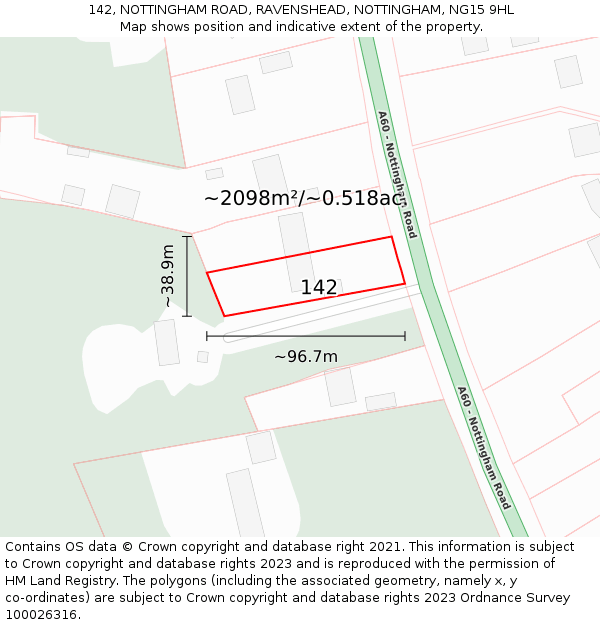142, NOTTINGHAM ROAD, RAVENSHEAD, NOTTINGHAM, NG15 9HL: Plot and title map
