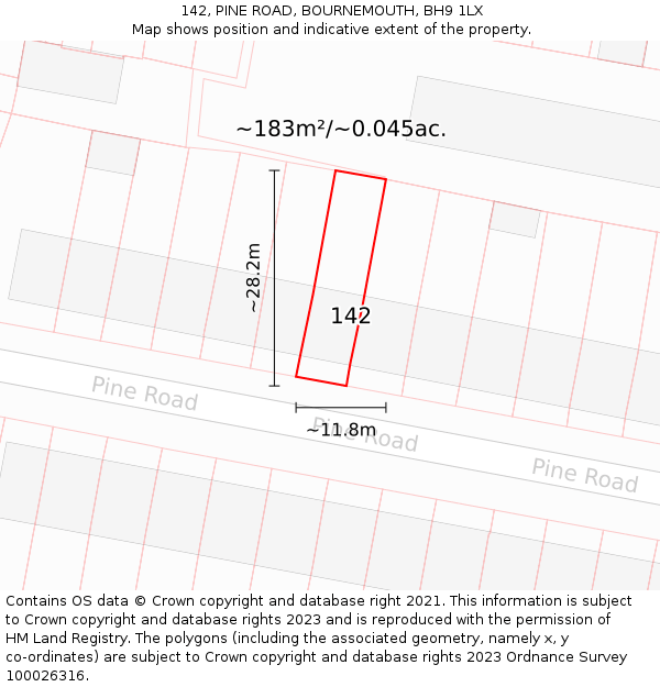 142, PINE ROAD, BOURNEMOUTH, BH9 1LX: Plot and title map