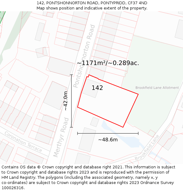 142, PONTSHONNORTON ROAD, PONTYPRIDD, CF37 4ND: Plot and title map